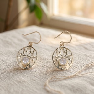 Gold Plated Natural Rainbow Moonstone Tree of Life Dangle Earrings Nature Inspired Round Gemstone Jewelry for Women - Product Image 3