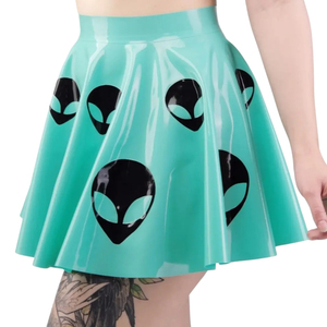 Falda Plisada de Cuero Genuino para Mujer, Largo hasta el Tobillo, Estampado Alienígena, Cintura Elástica Brillante, Color Verde Azulado, para Todas las Estaciones, Maternidad - Product Image 3