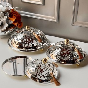Stainless Steel Round <b>Cake</b> <b>Stand</b> With Arabic Calligraphy Laser Cut Design Handmade with glass <b>dome</b> lid - Product Image 2