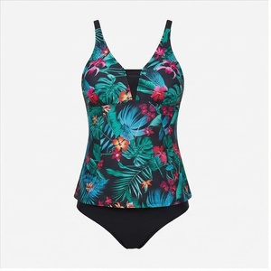 Traje de baño de una pieza con estampado floral para mujer, cuello en V, halter, push-up, cintura alta, elástico - Product Image 1