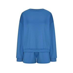 Women's Two Piece <b>Knitted</b> <b>Set</b> Crew Neck Sweatshirt And Shorts Solid Blue Casual Loose Fit All Seasons Daily Wear - Product Image 2