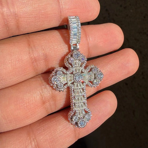 Vana Jewels H0255 Moissanite Baguette Cross Pendant Solid 925 Sterling Silver Religious Jewelry HipHop Gift Steel <b>Rope</b> <b>Chain</b> - Product Image 2