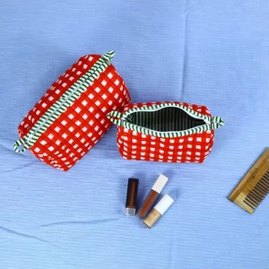 Red Checkered Cotton Cosmetic Bag Medium Size Zipper Closure Multi Function Makeup Organizer Simple Style Toiletry Bag - Product Image 3