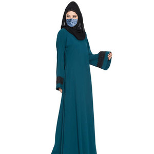 Teal Long Sleeve Floor Length Abaya With Lace Cuffs Round <b>Neck</b> Loose Fit Modest Dress For Women Middle East Style Daily Wear - Product Image 2