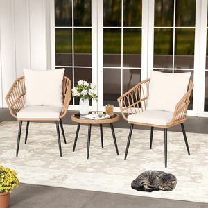 3-Piece Patio Bistro Set - Rattan Wicker Chairs & Tempered Glass Table - Cushioned <b>Outdoor</b> <b>Furniture</b> for Balcony & Garden - Product Image 2