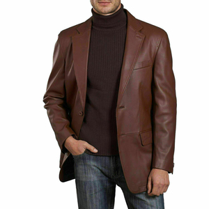 Men Brown <b>Leather</b> <b>Blazer</b> Notched Collar Regular Fit Full Length Sleeve Italian Style <b>Jacket</b> - Product Image 2