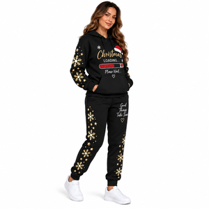 Ensemble de survêtement de Noël pour femmes, sweat-shirt à capuche et pantalon de jogging, imprimé flocon de neige noir et or, tenue décontractée d'hiver, ensemble deux pièces - Product Image 3