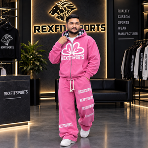 ชุดวอร์มมีฮู้ดสีชมพูแบบมีสไตล์สำหรับผู้ชาย เสื้อฮู้ดซิปหนา กางเกงขายาว พิมพ์ลายสกรีน ทรงโอเวอร์ไซส์ สตรีทแวร์ สปอร์ต - Product Image 4