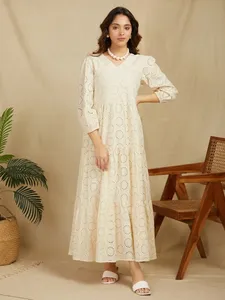 Nuevo Vestido Midi Boho de Verano con Cuello en V, Mangas Abullonadas, Bordado Calado, Corte Holgado en A, de Algodón, Informal - Product Image 1