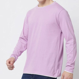 2026 Most selling Men's Long Sleeve T-<b>Shirt</b> Solid Color O-Neck Regular Fit Cotton Knitted Casual Wear Contrast Trim Light <b>Purple</b> - Product Image 3