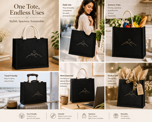 Jute Shopping <b>Bag</b> Black Mountain Design Top Handle <b>Medium</b> <b>Size</b> Daily Use - Product Image 3