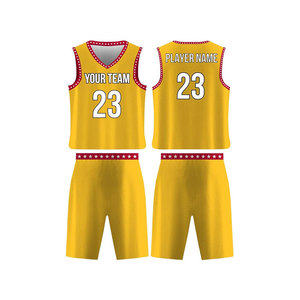 Conjunto de Uniforme de Baloncesto Personalizado, Cuello en V, Sin Mangas, Impresión Sublimada, Patrón Geométrico Amarillo y Rojo - Product Image 1