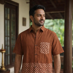 Men Handcrafted Rust Brown Cotton Short Sleeve <b>Shirt</b> with Geometric Ajrakh Block Print Border Summer Wear for Casual Elegance - Product Image 1