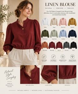<b>Women's</b> Burgundy <b>Linen</b> Cotton Loose Woven Blouse Puff Sleeve Crew Neck Top Elastic Waist Long Sleeve Casual All Seasons - Product Image 3