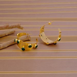 Handmade <b>Green</b> Onyx Gemstone Hoop <b>Earrings</b> Stainless Steel Hammered Textured Gold Plated Bold Boho Trendy Statement - Product Image 2