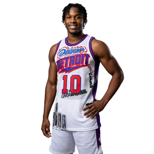 Maillot de basketball style universitaire pour homme, bleu marine et gris, avec empiècements latéraux, personnalisable avec nom et numéro, sublimé, sans manches, pour équipe de basketball - Product Image 5