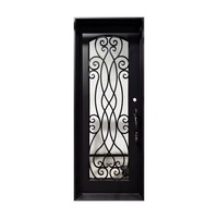 Porte d'entrée en fer forgé de luxe royal, résistante à la rouille, à montage facile, avec panneau en verre cintrée et motif complexe