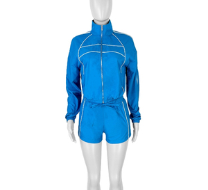 Ensemble de shorts sportifs bleus pour femmes, 2 pièces, manches longues, fermeture éclair, col montant, séchage rapide, polyester tricoté, printemps été, vêtements décontractés - Product Image 1
