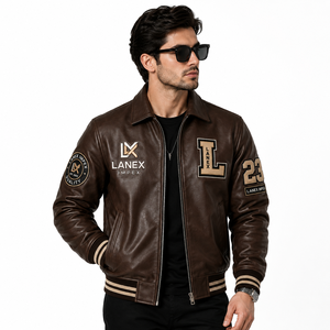 Custom Brown Leather Varsity <b>Jacket</b> for <b>Men</b> Premium Letterman Bomber <b>Jacket</b> with Embroidered Patches OEM ODM Wholesale Factory - Product Image 2