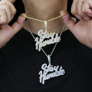 Mens Hip Hop Silver CZ Zircon Cursive Stay Humble Pendant Necklace <b>Iced</b> <b>Out</b> Script Letter Charm Bling <b>Chain</b> Moissanite Jewelry - Product Image 1