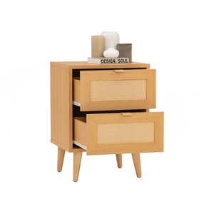 2-Drawer Wooden Rattan Nightstand Bedside Table Compact Storage <b>Cabinet</b> for <b>Small</b> Space Apartment Bedroom and Living Room - Product Image 2