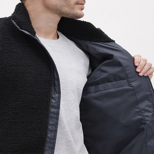 Men's Black Sherpa Fleece Jacket Stand Collar Zipper Closure Windproof Winter Casual Outerwear Thick Polyester <b>Wadding</b> - Product Image 2