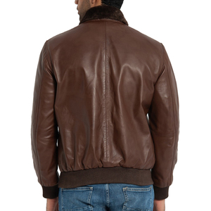 Men's Brown Genuine Leather Bomber Jacket Stand Zipper Closure Waterproof Winter Windproof Front Moto Biker Style Factory Price - Product Image 3