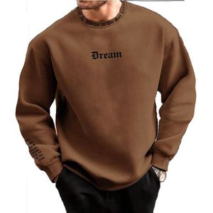 <b>Men's</b> Brown Crew Neck <b>Pullover</b> Sweatshirt Oversized Cotton Fleece Dream Print Casual Autumn Wear - Product Image 1