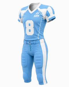 American Football Uniform Set Light Blue <b>White</b> <b>V</b>-<b>Neck</b> Short Sleeve 100% Polyester Moisture Wicking Fitted Adult Custom Team Name - Product Image 4
