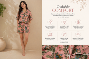 Artisanal Pink Bird Print Night Suit - Breathable Cotton Button-Up Shirt and Shorts Set - Jaipur Hand Printed Women Sleepwear - Product Image 3