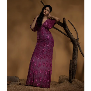 Luxury Magenta Sequin Evening Gown for Women | Deep V Neck Designer Party Wear Maxi Dress Elegant Reception Cocktail Fashion - Product Image 3