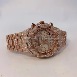 Jam tangan mewah berlapis emas, jam tangan berlian moissanite yang sepenuhnya es dengan gaya hip hop untuk hadiah atau tujuan bisnis dari india