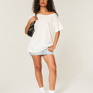 T-shirt blanc pour femme, épaules dénudées, manches courtes, 100% coton jersey, coupe ample, décontracté, couleur unie, col rond, respirant, longueur normale - Product Image 3
