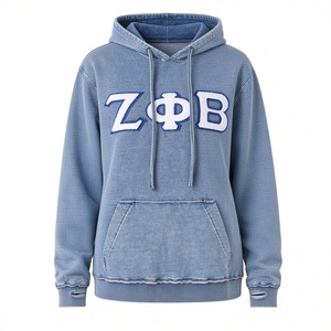 เสื้อฮู้ด Zeta Phi Beta Sorority แบบวินเทจ ลุคยีนส์ฟอกสี ตัวอักษรกรีกแบบเชนิลล์ เสื้อฮู้ดแบบยูนิเซ็กซ์ ขายส่งแบบ OEM - Product Image 1