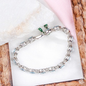 Wholesale 925 Sterling Silver Natural Oval Blue Topaz Cubic Zirconia Halo Tennis Bracelet Memoria Jewels - Product Image 3