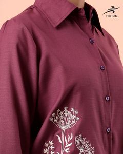 Camisa de Manga Larga de Algodón Color Granate para Mujer, Blusa Casual con Botones y Bordado Floral Blanco para Venta al por Mayor B2B - Product Image 5