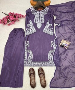 MODERN CHINON SILK THREAD EMBROIDERY WORK TOP PALAZZO WITH DUPATTA 84565 PURPLE - Product Image 3