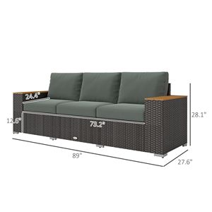 Divano da Esterno a 3 Posti in Rattan PE Grigio Scuro con Braccioli Larghi, Divano da Giardino in Vimini con Cuscini - Product Image 3