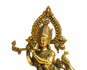 Sculpture artisanale en laiton du dieu Krishna jouant de la flûte, objet décoratif hindou pour mandir et décoration intérieure - Product Image 2