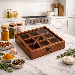 Handmade Wooden Spice <b>Box</b> | Indian Rosewood Masala Dabba <b>Storage</b> Container | Kitchen Organizer with Lid Spoon Set - Product Image 2