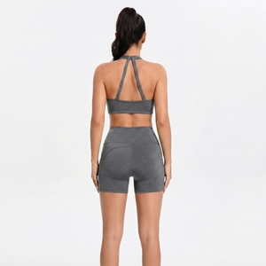 Women's Workout Sportswear <b>Set</b> Halter Neck Crop <b>Top</b> <b>And</b> High Waist <b>Shorts</b> For Gym Fitness Training - Product Image 2