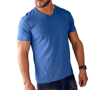 T-shirt pour homme à col en V rouge, manches courtes, 100% coton, coupe classique, jersey décontracté, couleur unie, design simple - Product Image 3