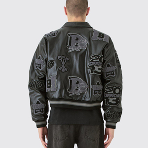 Veste zippée en cuir véritable pour homme, style Letterman, avec patchs brodés en chenille personnalisés, design crânes, col rabattu, style moto - Product Image 3