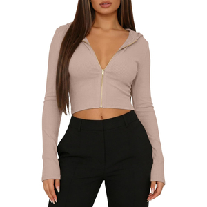 Top Corto con Capucha de Punto Acanalado Beige para Mujer, de Alta Calidad, ODM OEM, Manga Larga, Cierre Frontal con Cremallera, Color Sólido, para Otoño - Product Image 4