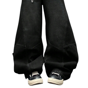 Jean en denim noir ample pour homme, coupe décontractée, jambe large, style streetwear, pantalon délavé, longueur intégrale, tenue décontractée et tendance - Product Image 6