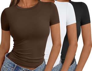 Camiseta de algodón lisa para mujer, suave, informal, transpirable, de manga corta, para verano, con logo personalizado, a la moda. - Product Image 1