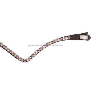 Black & Havana Brown English Saddle Leather Horse Brow Band Designed with 1 Row Round Glass <b>Crystals</b> Diamante Bling Brow Band - Product Image 3