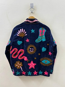 Veste en velours bleu pour femme, brodée, style bohème, motif lune et étoiles, faite main, style folk, manteau occidental - Product Image 2