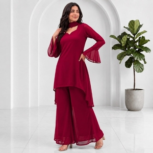 Ensemble Robe Palazzo Unie en Georgette pour Femme avec Dupatta Entièrement Cousu, Col à Nouer au Dos, Coupe Droite, Formelle, Respirante, Doux pour la Peau AARIKA - Product Image 5