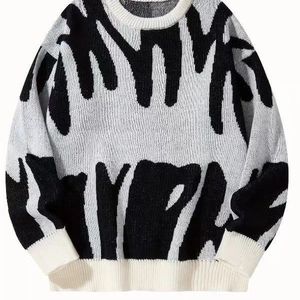 Maglione OEM da Uomo Autunno Inverno con Collo Rotondo e Motivo Jacquard, Trendy per Adolescenti, Nero e Bianco, <span class=keywords><strong>Taglie</strong></span> Grandi, Lavorazione a Maglia, Vestibilità Comoda - Product Image 5